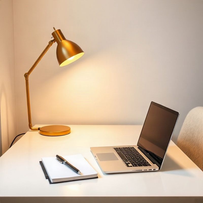 Clean minimal desk setup with a laptop and amber-toned desk lamp