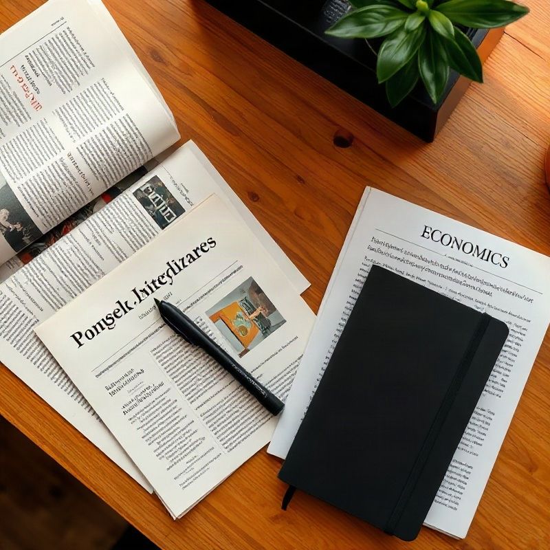 Printed economics articles and a notebook on a wooden desk