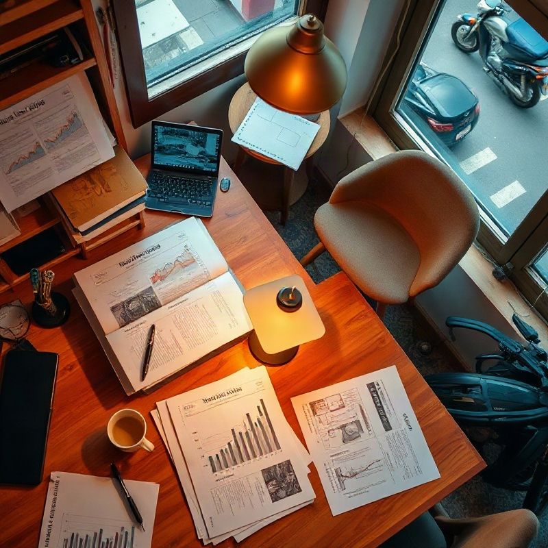 Overhead view of a journalist's desk with printed data reports