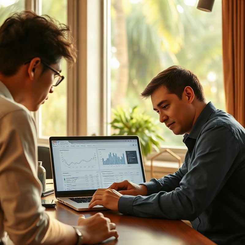 Two journalists reviewing data charts on a laptop