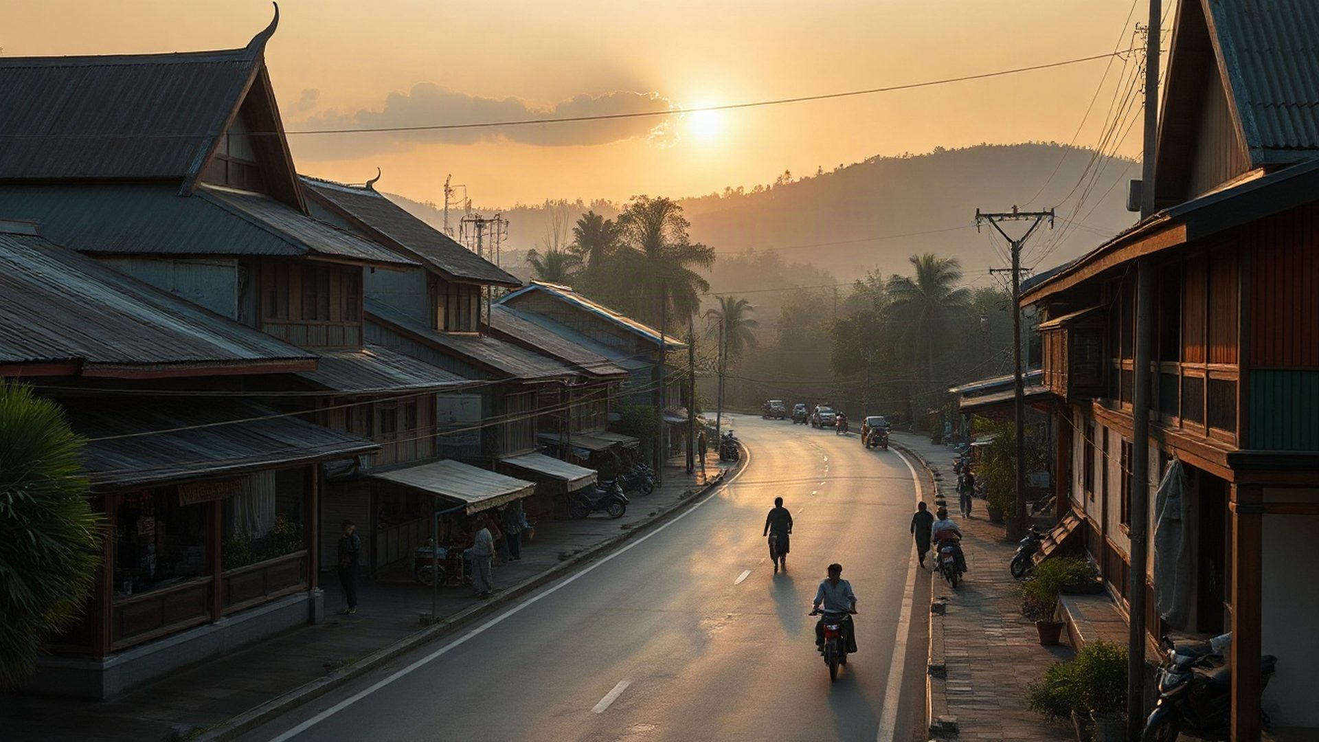 Amber-gold dawn over a northeastern Thai provincial town