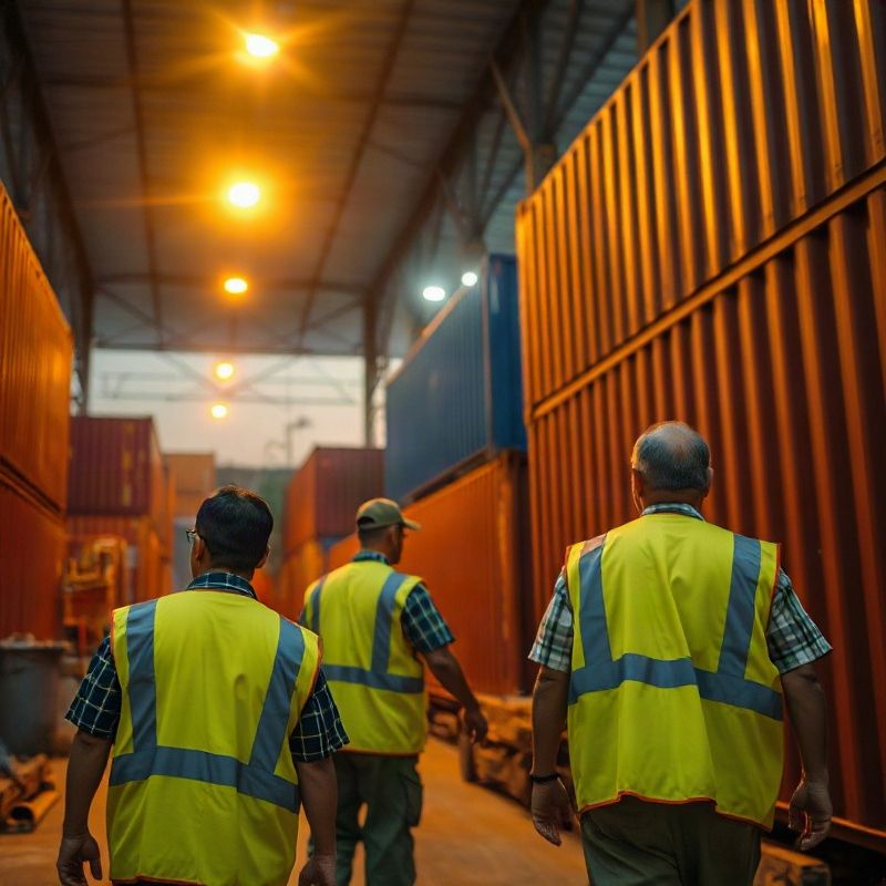 Warehouse workers moving cargo at an Udon Thani inland container depot at dusk