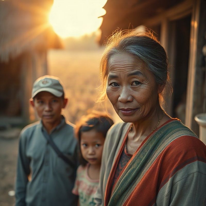 A rural Isan farming family outside a wooden house at golden hour